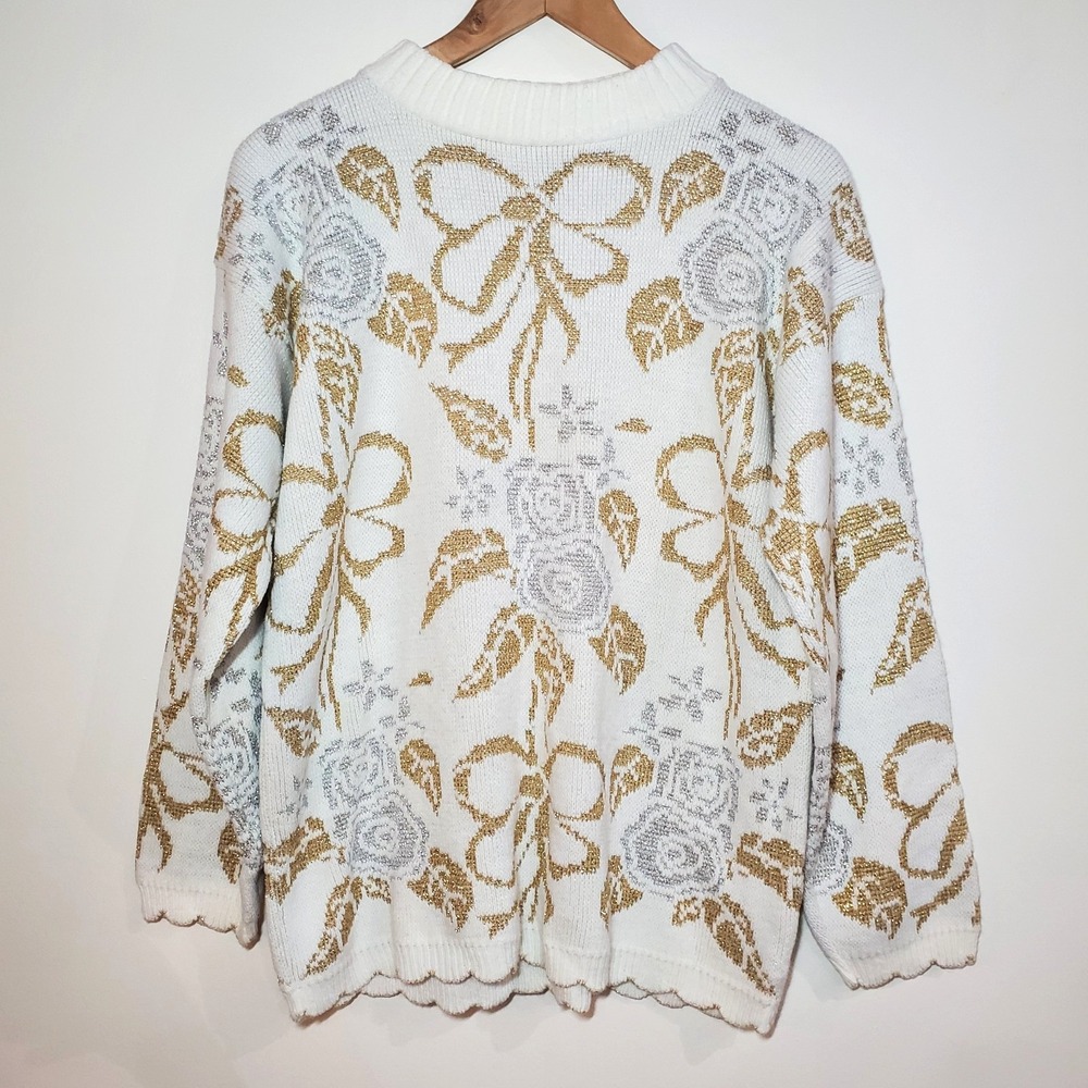 Dana Scott VTG Sweater 80's Sz L White Silver Gold Metallic Bows‎ & Flowers